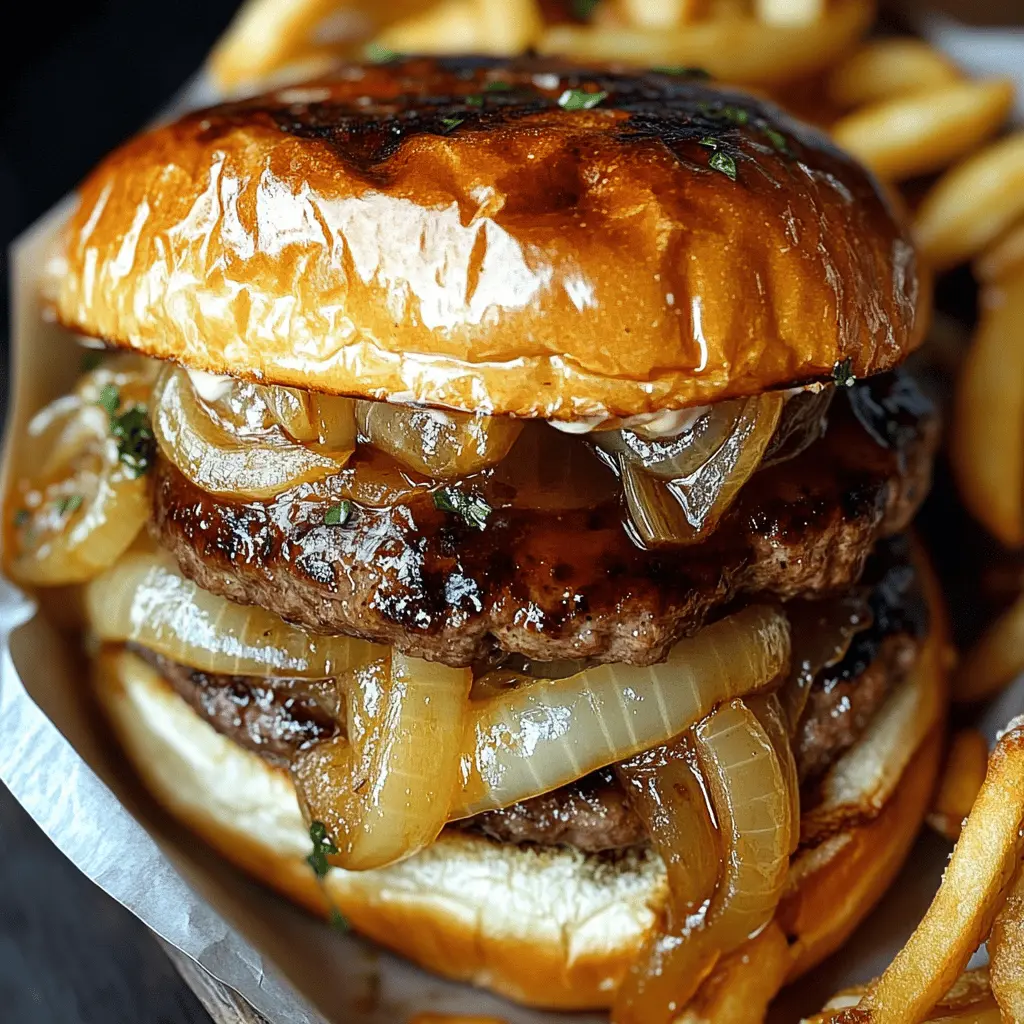 These French Onion Burgers are a delicious twist on a classic favorite! Juicy beef patties topped with caramelized onions and melted cheese create a burst of flavor in every bite. Perfect for weekend barbecues or a cozy dinner at home. Save this recipe for a tasty meal that will impress your family and friends!