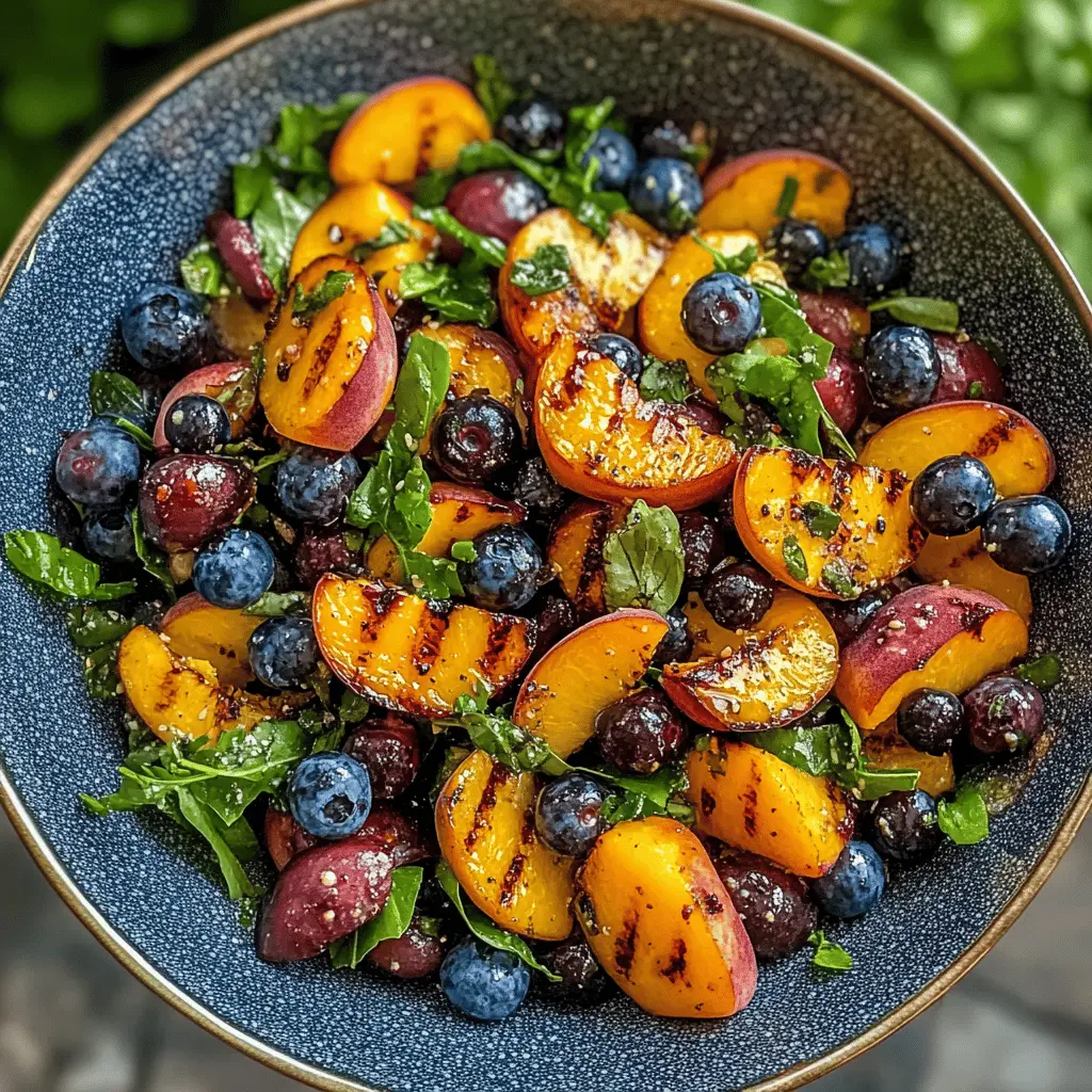 Sweet grilled peaches combined with juicy blueberries create a delightful summer salad! This easy, refreshing dish is perfect for picnics, barbecues, or light dinners. Tossed with a zesty dressing, it highlights the natural flavors of the fruit. Save this Grilled Peach Blueberry Salad recipe for your next gathering and impress your guests with a colorful, flavorful treat!