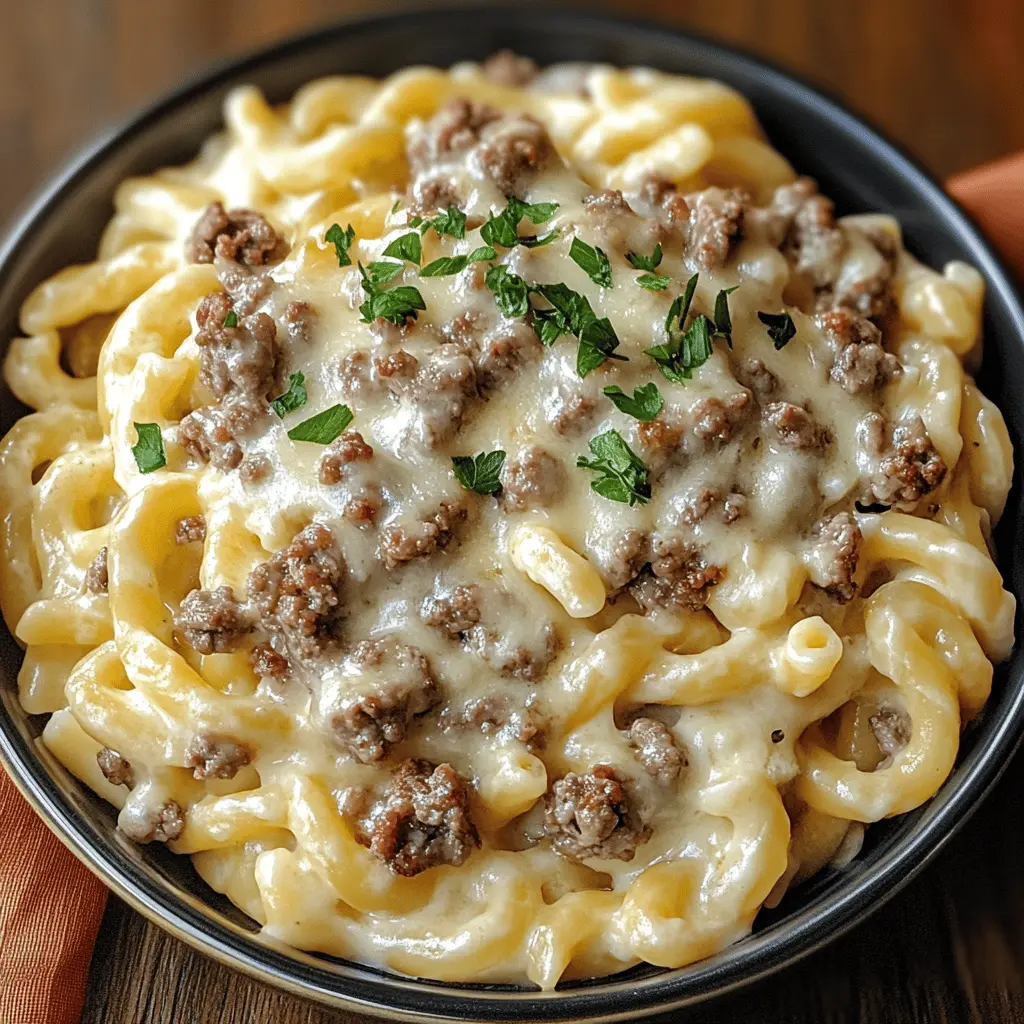 Get ready for a comforting twist on your favorite flavors with Loaded Cheeseburger Alfredo Pasta! This creamy dish features al dente pasta, seasoned ground beef, and zesty cheese, bringing a delicious burger experience to your dinner table. Perfect for family nights or meal prep. Save this recipe for a tasty weeknight dinner that everyone will love!