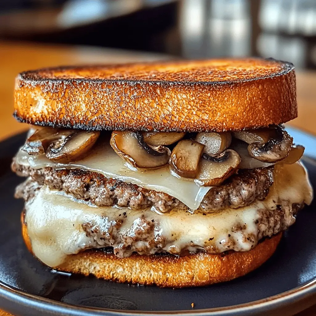 Craving a hearty and satisfying meal? This Mushroom Swiss Patty Melt features juicy beef patties, melted Swiss cheese, and savory sautéed mushrooms, all perfectly nestled between toasted bread. It's a delightful twist on the classic melt that's ideal for lunch or dinner. Save this recipe for your next cozy gathering!