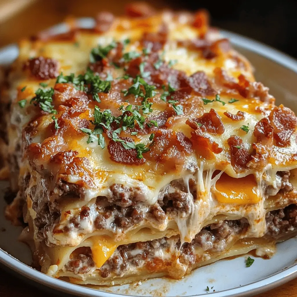 Layer your taste buds with this mouthwatering Parmesan Garlic Bacon Cheeseburger Lasagna! Featuring rich cheese, savory bacon, and a garlic-infused sauce, this comforting dish is a crowd-pleaser. Perfect for family dinners or game day feasts. Save this recipe to impress your guests with a unique twist on lasagna!