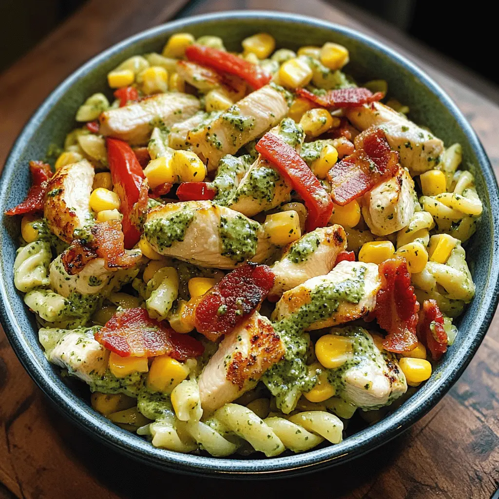 Easy Chicken Corn Pasta Salad with Bacon and Creamy Pesto Dressing