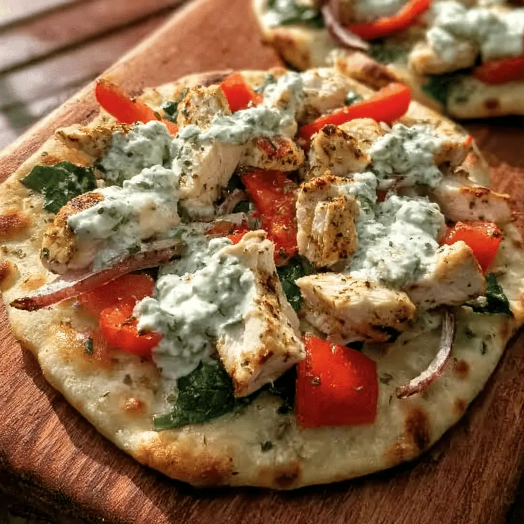 Easy Tzatziki Chicken and Veggie Naan Pizza