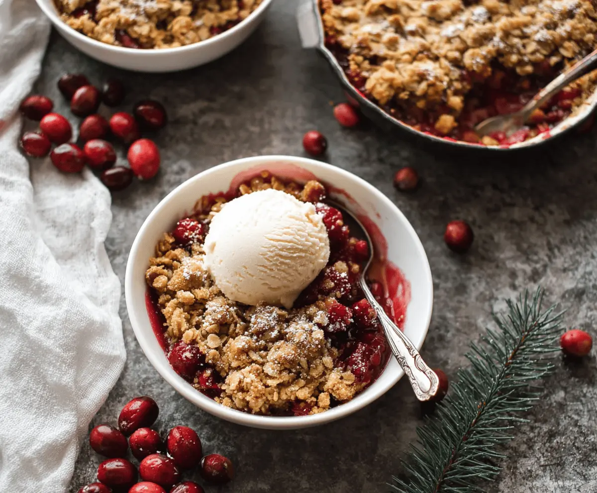 Delicious apple cranberry crisp topped with golden brown crumble served in a baking dish, perfect for fall dessert.