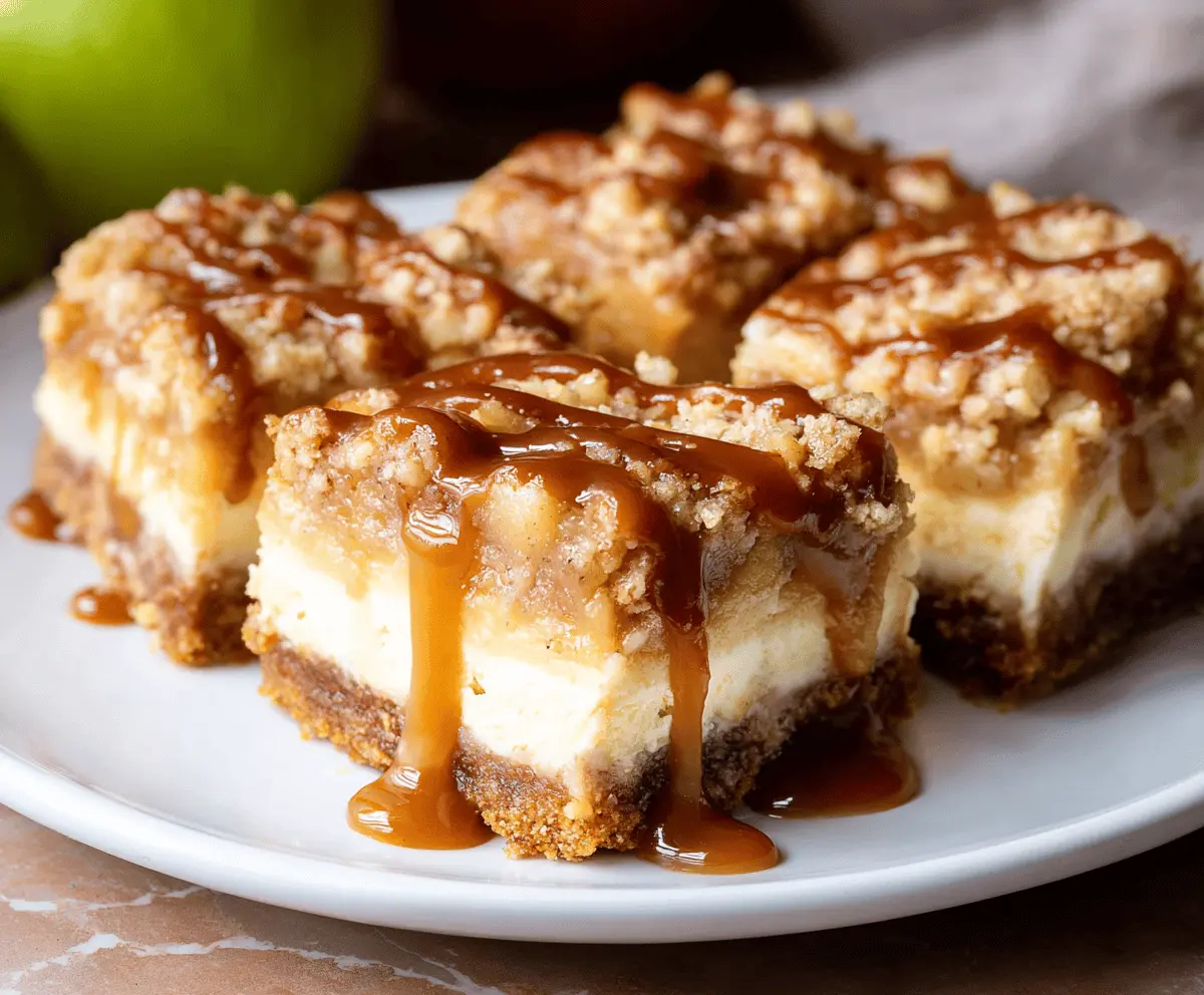 Delicious caramel apple cheesecake bars with a crumbly crust, topped with caramel sauce and sliced fresh apples, ready to enjoy as a sweet dessert