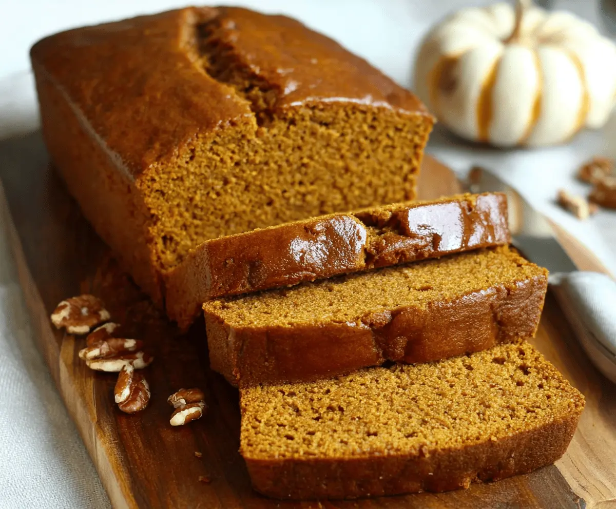 Delicious slices of gluten-free pumpkin bread with a moist texture and warm autumn spices on a rustic wooden table