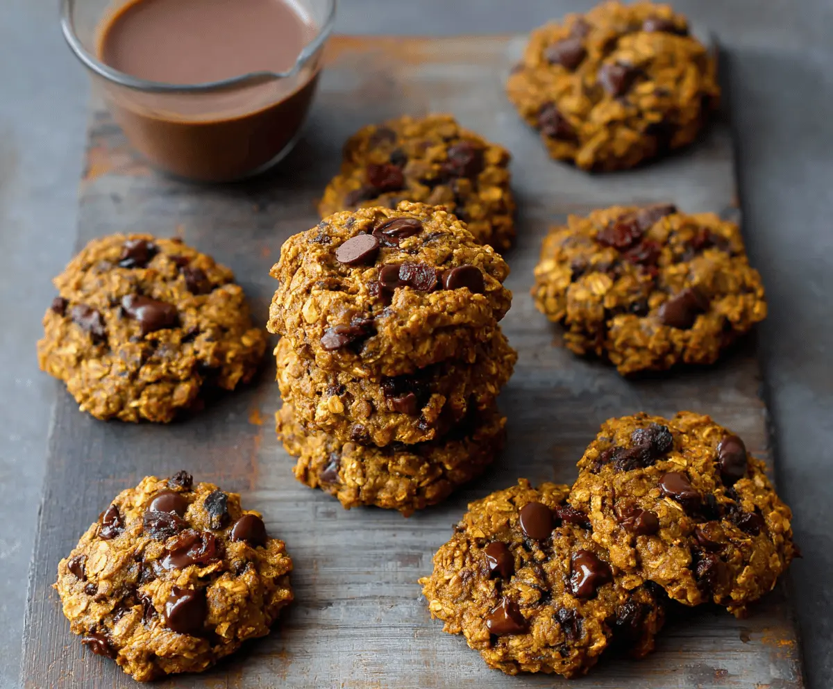 Delicious and healthy pumpkin oatmeal cookies fresh out of the oven, featuring a golden-brown appearance with visible oats and pumpkin chunks on a baking sheet.