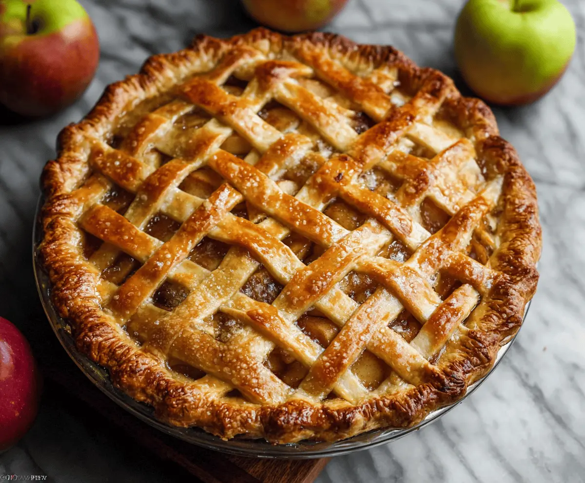 Delicious homemade apple pie with flaky golden crust and sliced apples ready to serve