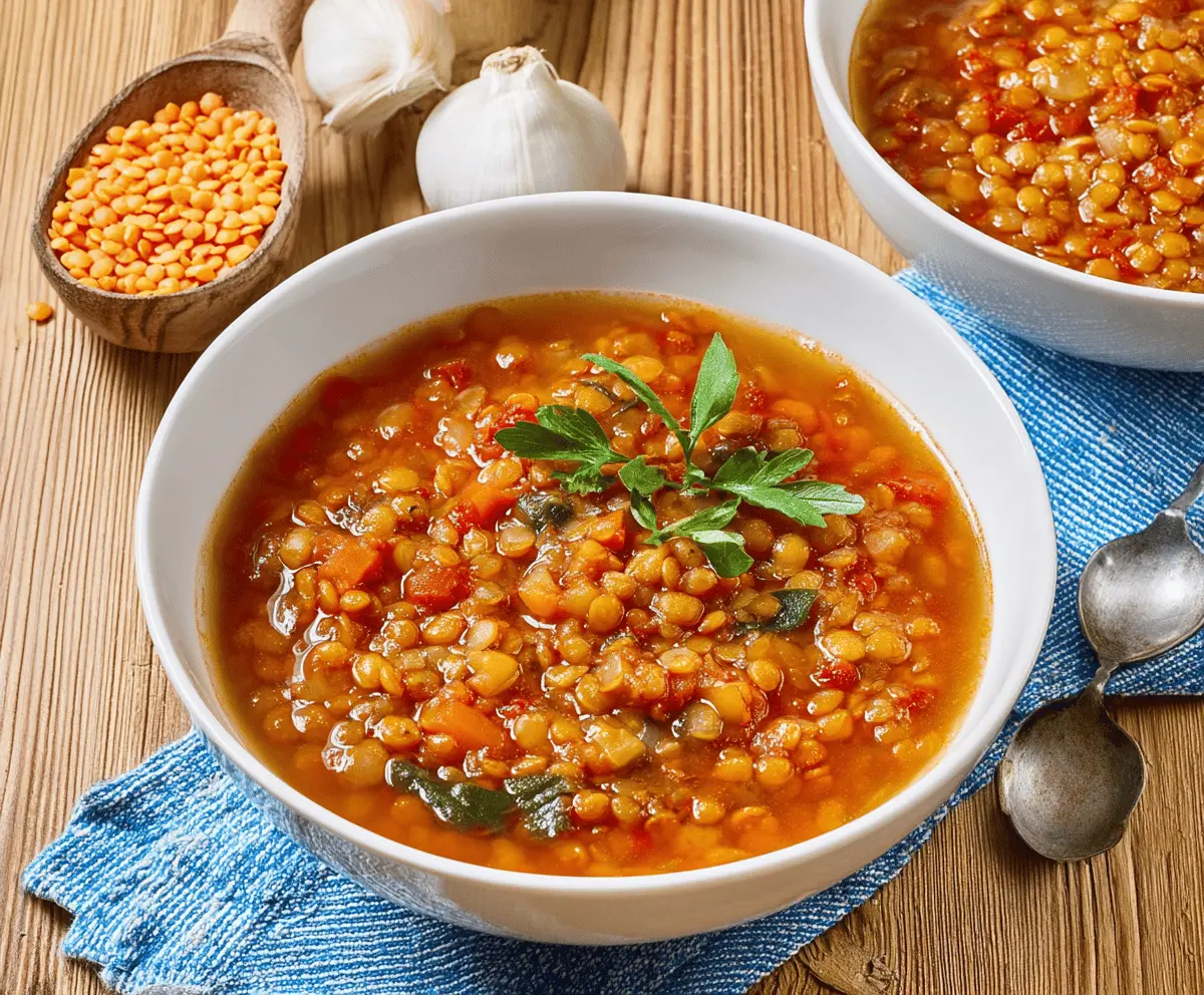 A steaming bowl of hearty lentil soup garnished with fresh herbs, served with crusty bread on a rustic wooden table.