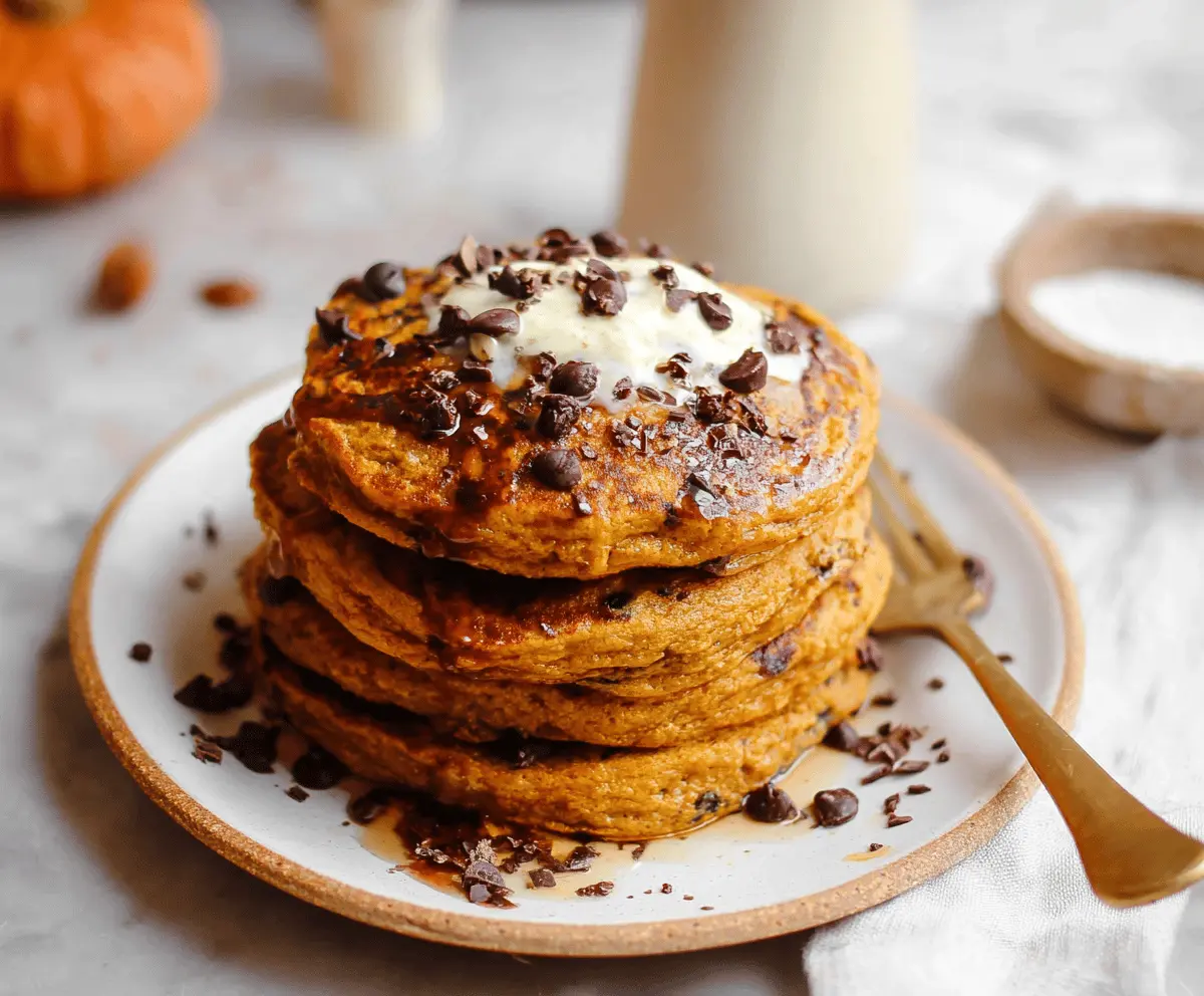 Delicious pumpkin chocolate chip pancakes served with whipped cream and maple syrup on a breakfast plate