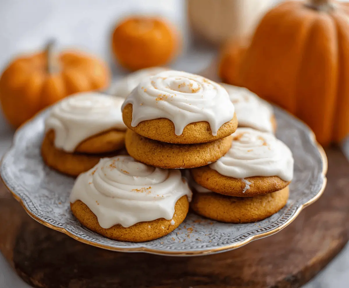 Delicious pumpkin frosted cookies with orange icing and sprinkles, perfect for fall desserts and Halloween treats