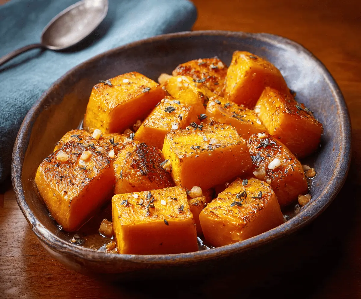 Creamy roasted butternut squash slices garnished with herbs on a wooden platter, perfect for a healthy autumn side dish.