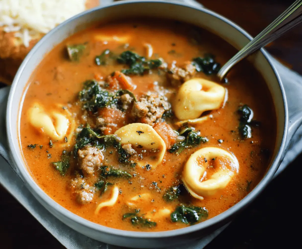 A steaming bowl of sausage tortellini soup with sliced sausage, tortellini pasta, fresh herbs, and vegetables in a savory broth, ready to serve.