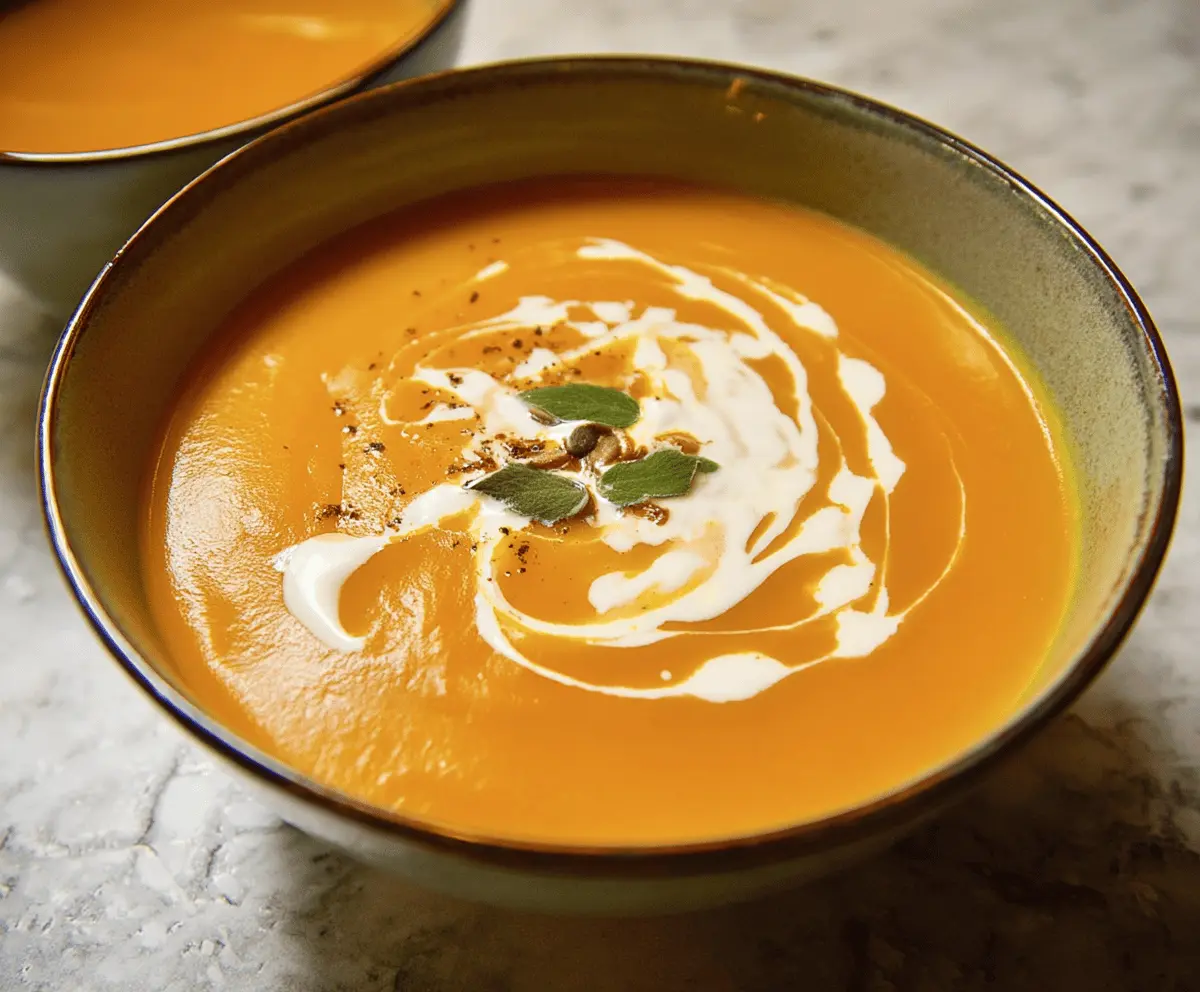 Creamy spicy butternut squash and sweet potato soup served in a bowl, garnished with fresh herbs and a swirl of cream, perfect for a cozy fall meal.