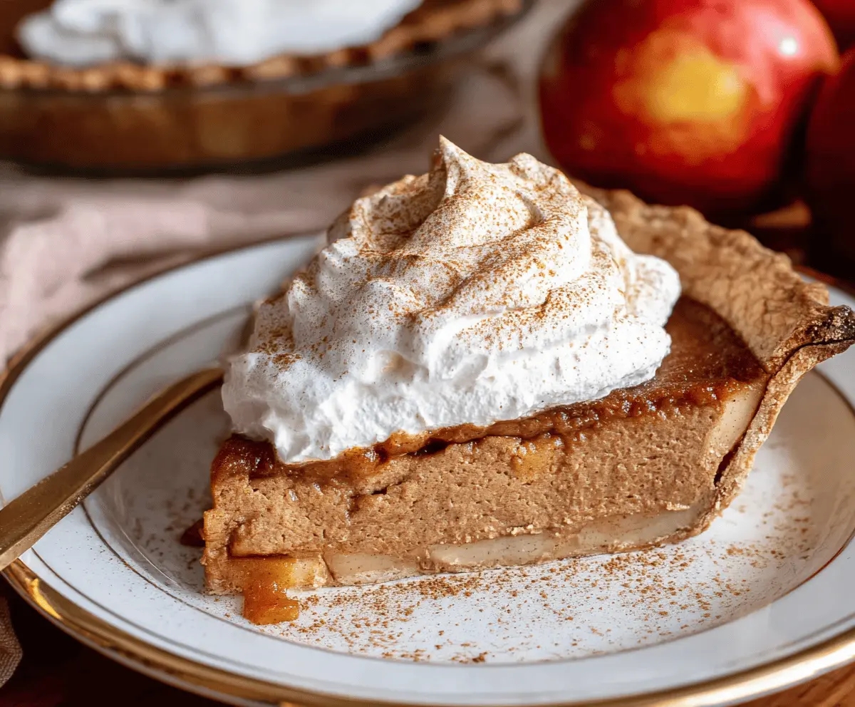Delicious apple butter pie topped with cinnamon whipped cream and a cinnamon stick garnish, perfect for fall desserts