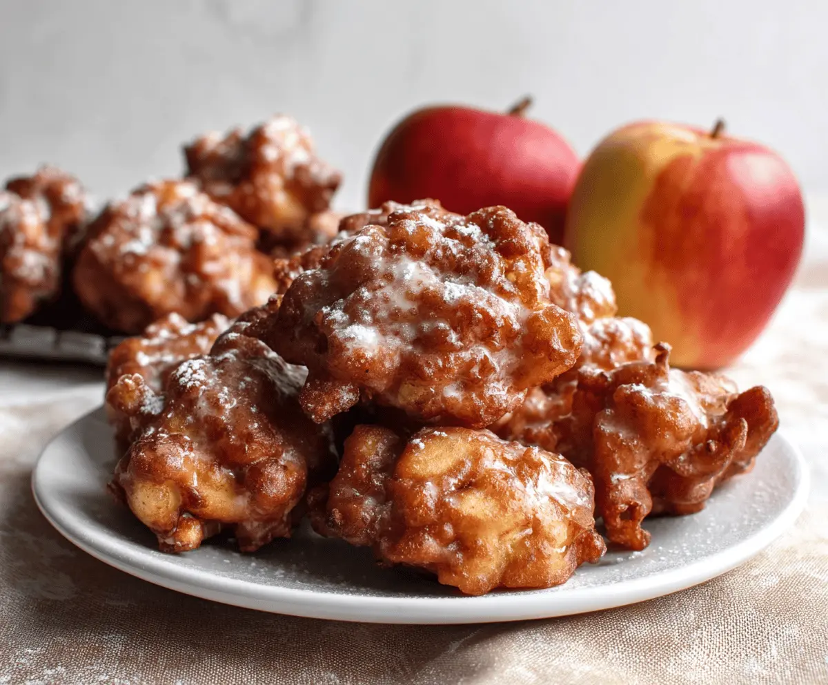 Golden apple fritters with crispy edges and powdered sugar, served on a plate, perfect for a sweet breakfast or snack.