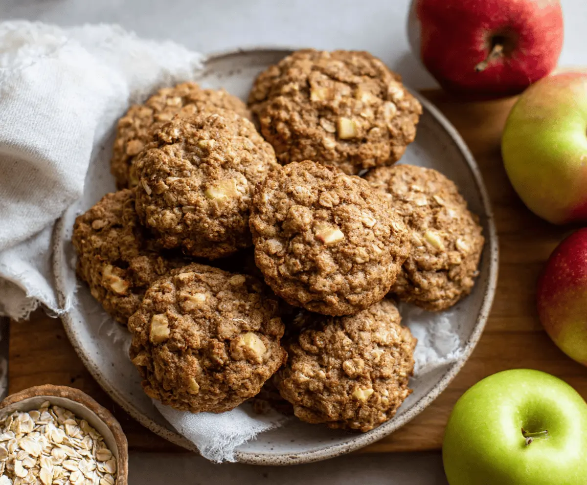 Golden-brown Apple Oatmeal Cookies with chunks of fresh apples and oats on a rustic wooden surface