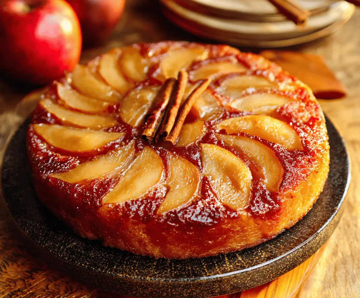 Delicious homemade apple upside-down cake featuring caramelized apple slices and a golden crust.