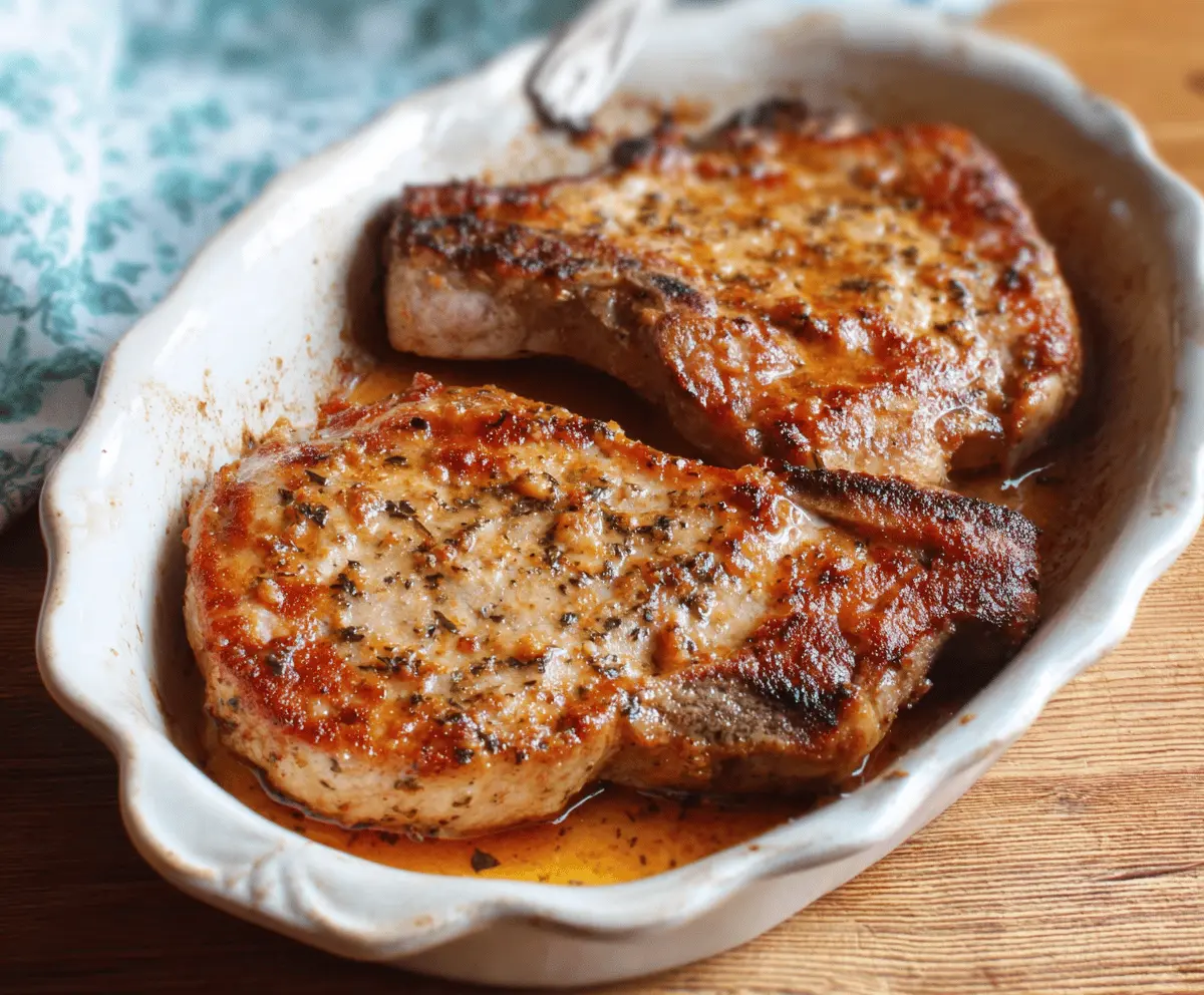 Juicy baked pork chops seasoned with herbs and spices, served hot on a plate with side vegetables