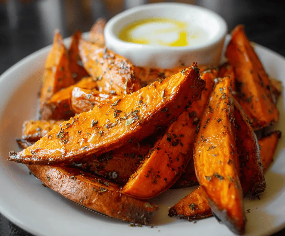 Delicious baked sweet potato wedges served on a white plate, seasoned with herbs and spices, perfect for a healthy snack or side dish