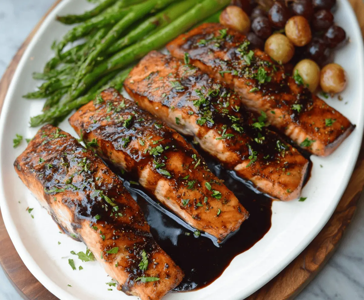 Delicious Balsamic Glazed Salmon fillet garnished with fresh herbs on a white plate, perfect for a healthy dinner