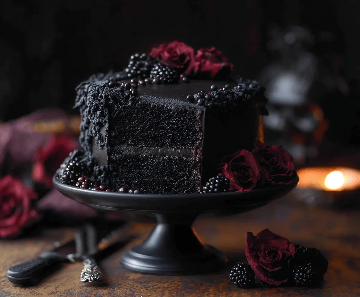 Delicious Black Velvet Halloween Cake with spooky decorations and rich frosting for a festive celebration