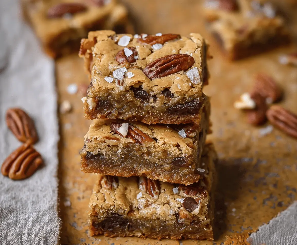 Golden brown butter pecan blondies topped with toasted pecans, showcasing a rich and gooey dessert bar with a caramelized crust.