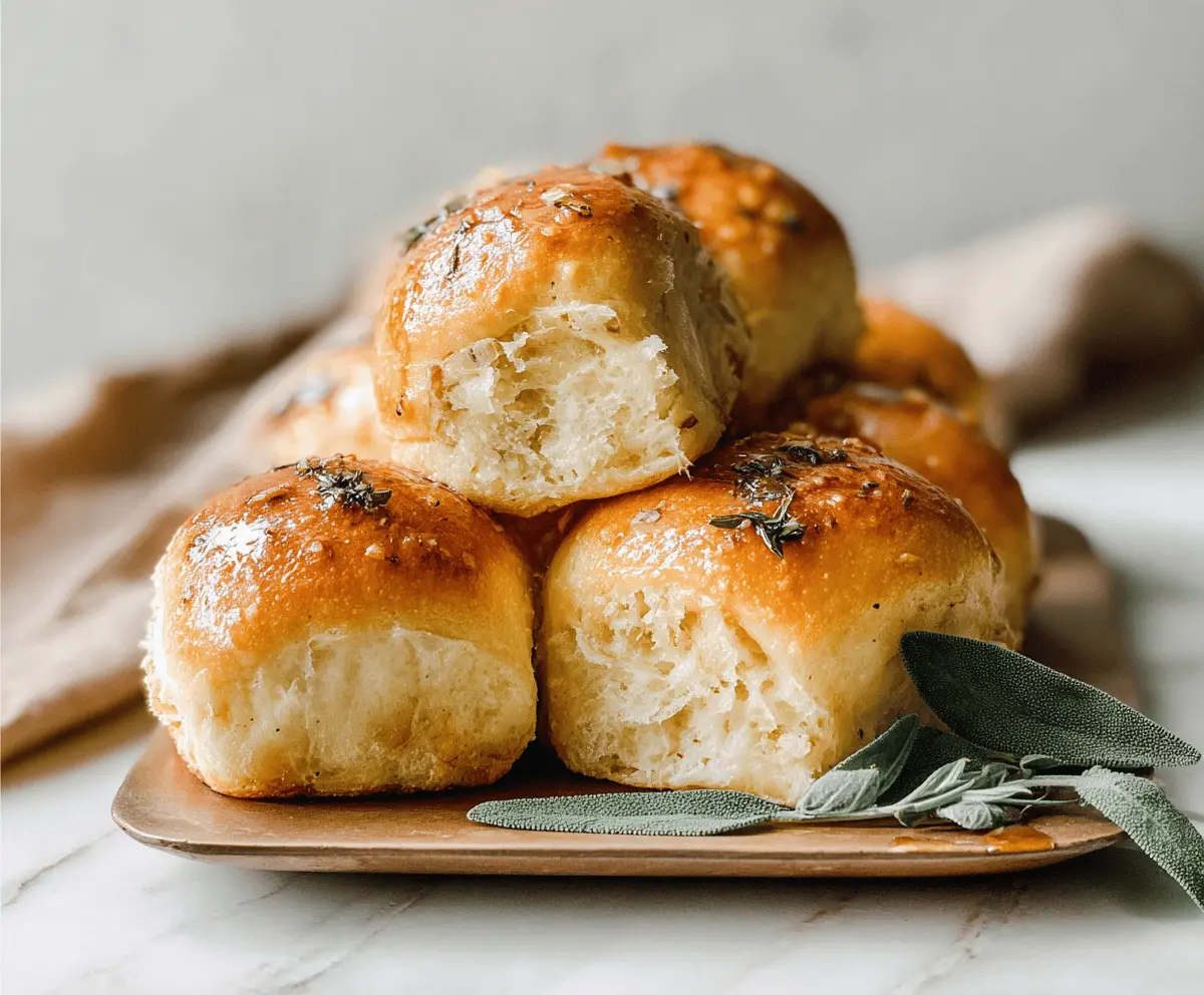 Freshly baked brown butter sage dinner rolls on a plate, highlighting their golden crust and aromatic herbs.
