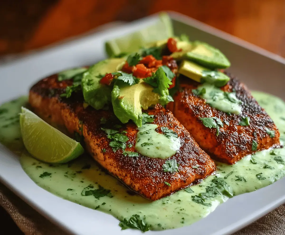 Delicious Cajun salmon fillet topped with vibrant avocado lime sauce, served with fresh herbs and colorful vegetables, perfect for a flavorful seafood meal.