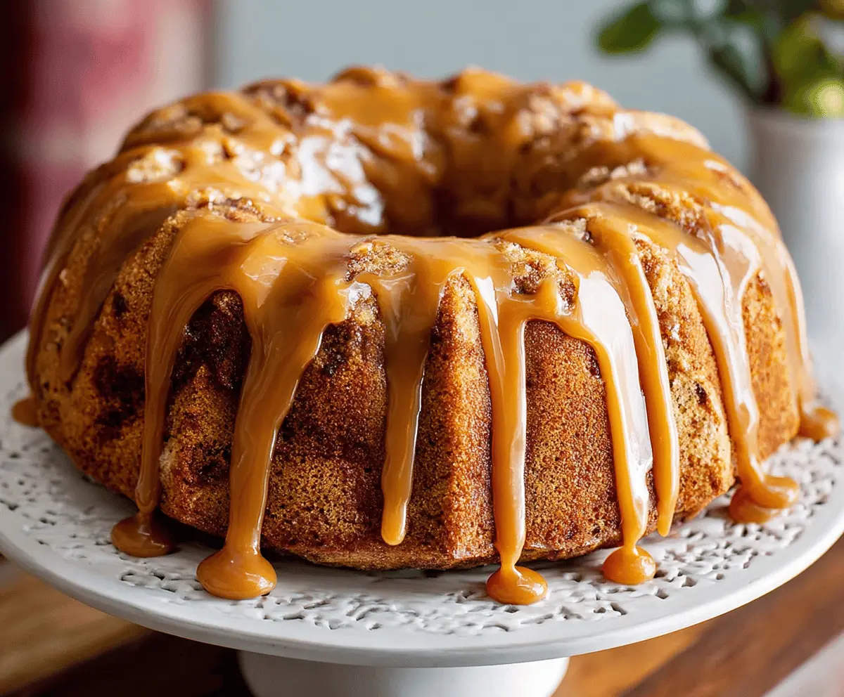 Delicious caramel apple bundt cake topped with caramel sauce and sliced apples, served on a white plate with a rustic background.