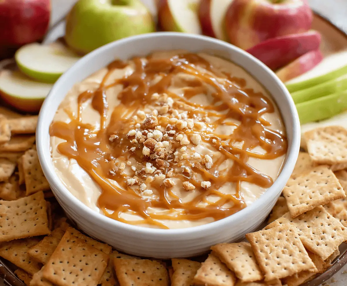Creamy caramel apple dip served in a bowl with sliced fresh apples for a delicious fall snack