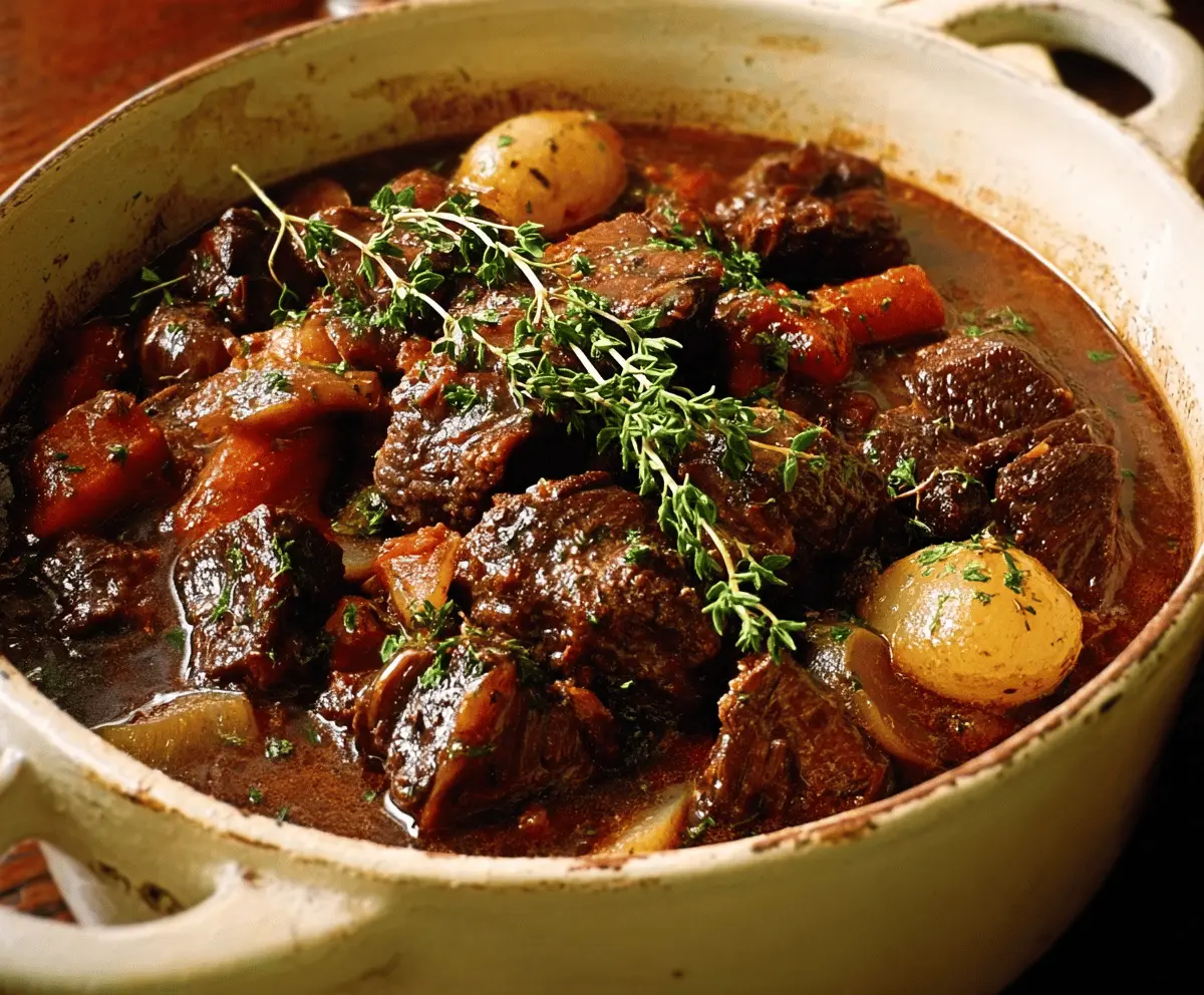 Delicious bowl of traditional Carbonnade Flamande Belgian beef stew with rich gravy, onions, and herbs, served with crusty bread on a rustic wooden table.