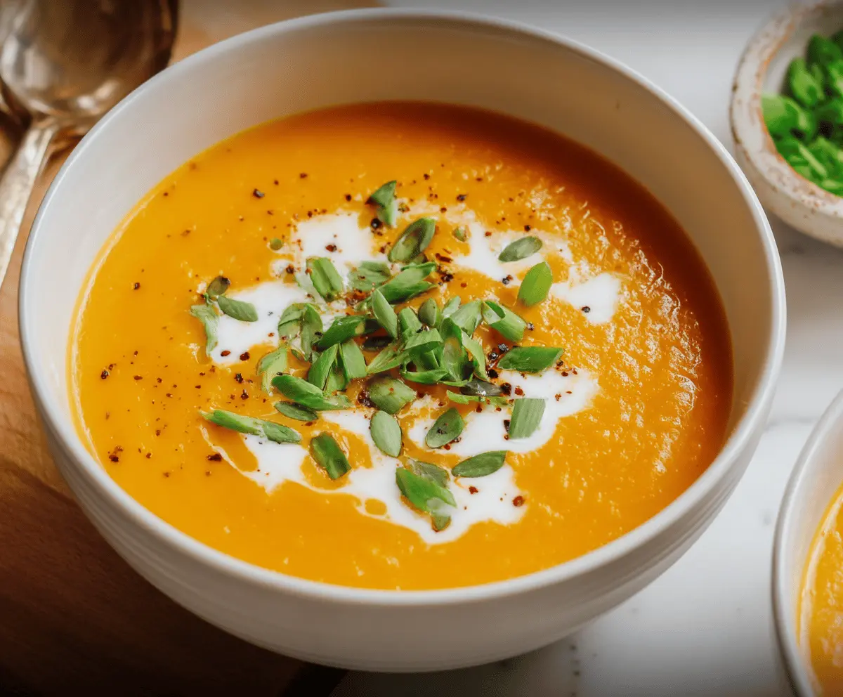Creamy carrot ginger soup garnished with fresh herbs in a rustic bowl, perfect for a warm and healthy meal.