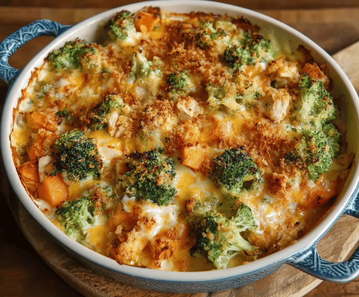 Delicious cheesy chicken sweet potato broccoli casserole topped with melted cheese and fresh herbs, perfect for a hearty, healthy meal