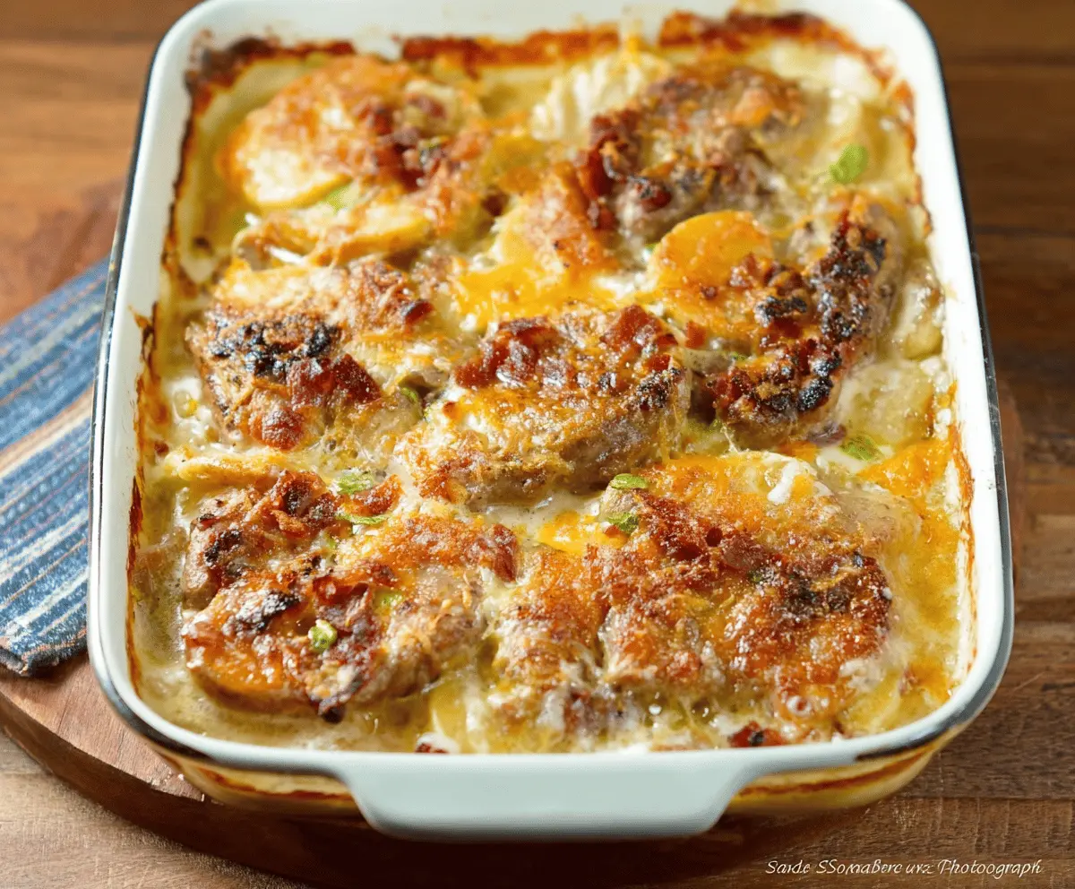 Delicious cheesy pork chop potato casserole with melted cheese, crispy pork chops, and golden baked potatoes topped with fresh herbs