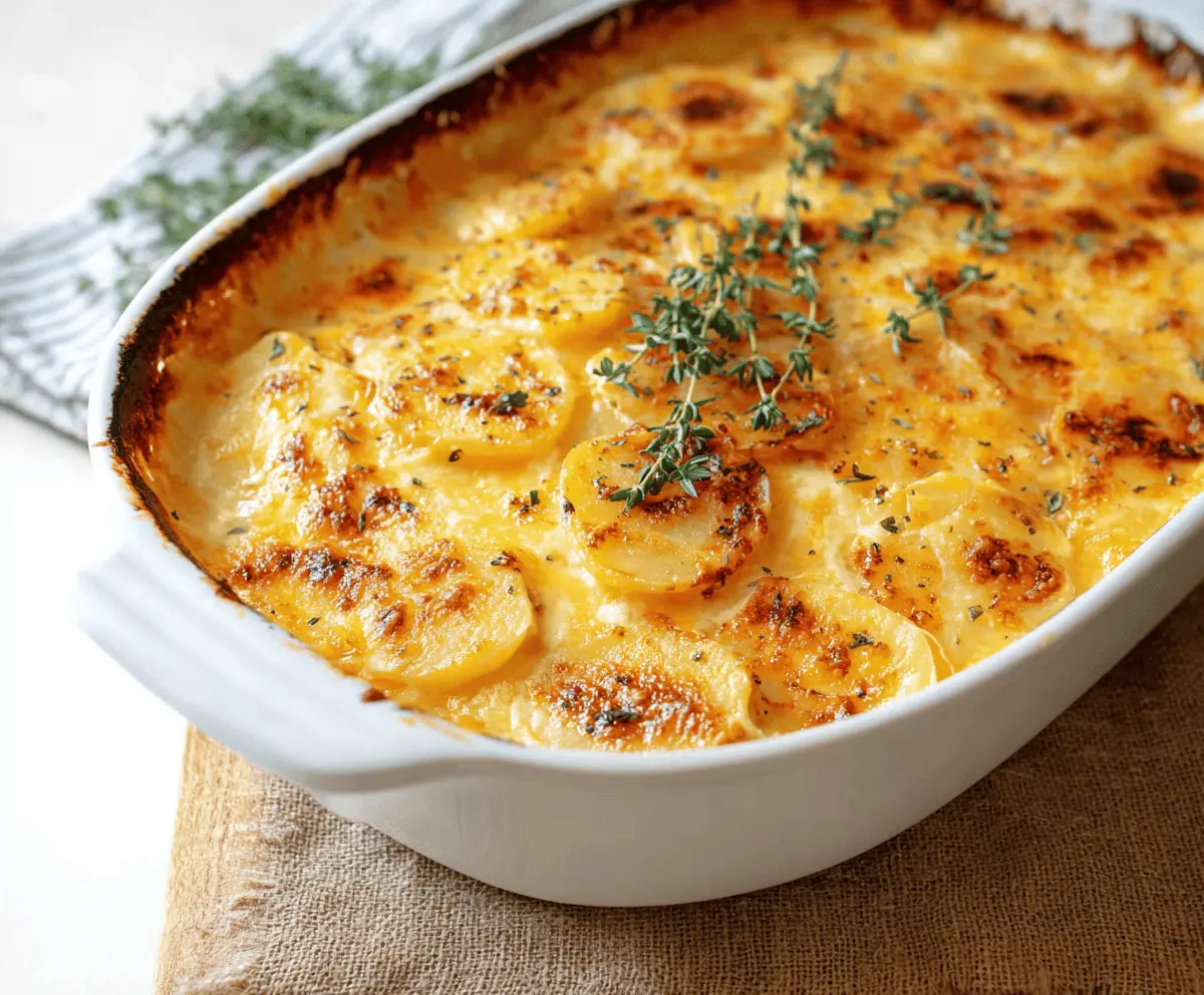 Delicious cheesy scalloped potatoes baked with creamy sauce and golden cheese topping.