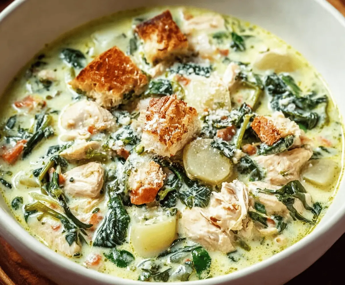 A bowl of creamy Chicken Florentine Soup garnished with fresh spinach and herbs, served with crusty bread on the side.