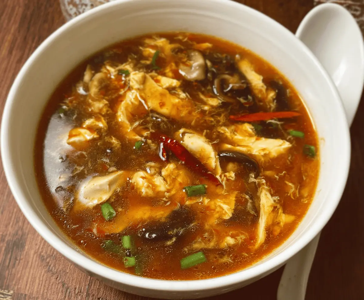 A steaming bowl of Chinese Hot and Sour Soup with tofu, mushrooms, bamboo shoots, and green onions garnished with fresh herbs on a white plate.