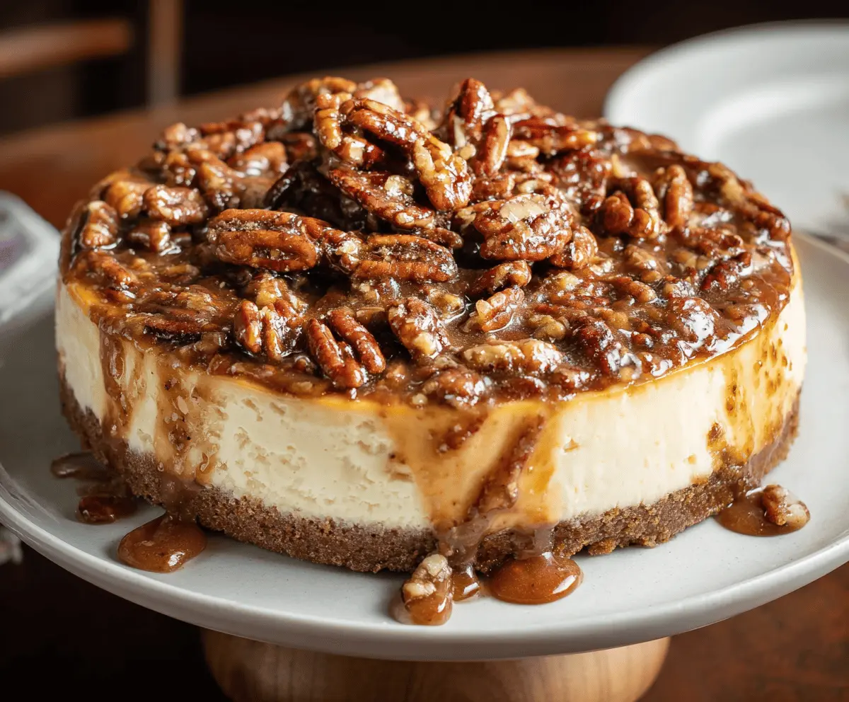 Creamy Cinnamon Pecan Pie Cheesecake topped with pecans and a swirl of cinnamon.