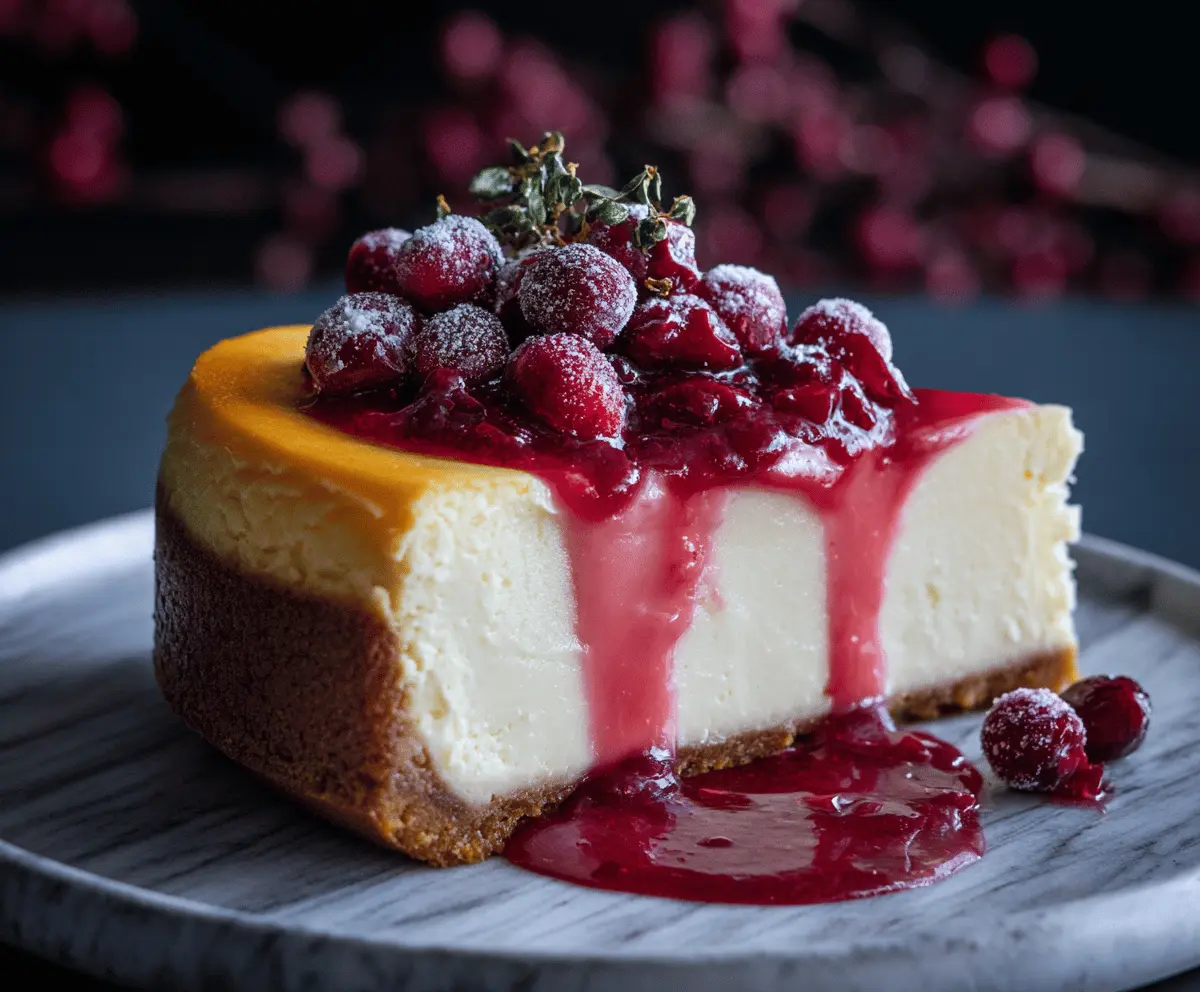 Creamy cranberry orange cheesecake topped with fresh cranberries and orange slices, served on a white plate with a decorative drizzle of orange glaze.
