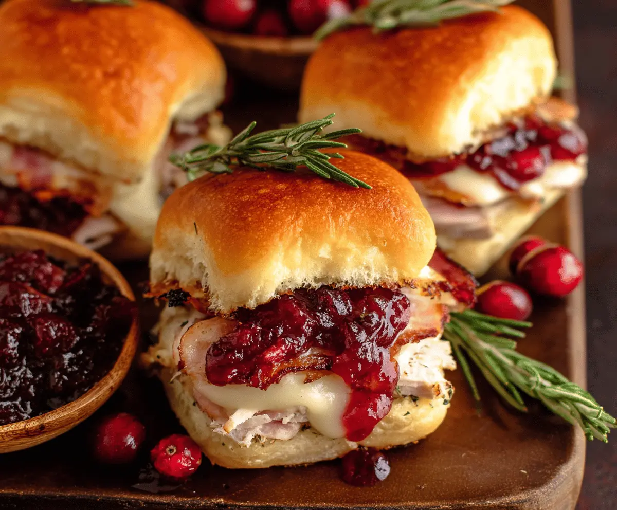 Delicious cranberry turkey sliders served with fresh greens on a white plate.