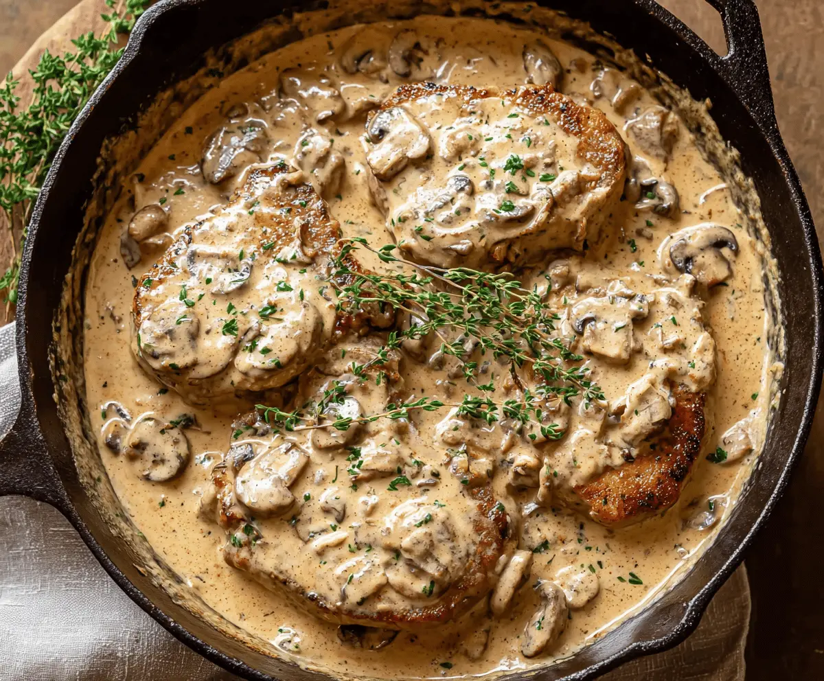 Cream of Mushroom Pork Chops served with a rich, creamy mushroom sauce on a plate, perfect for a comforting dinner.