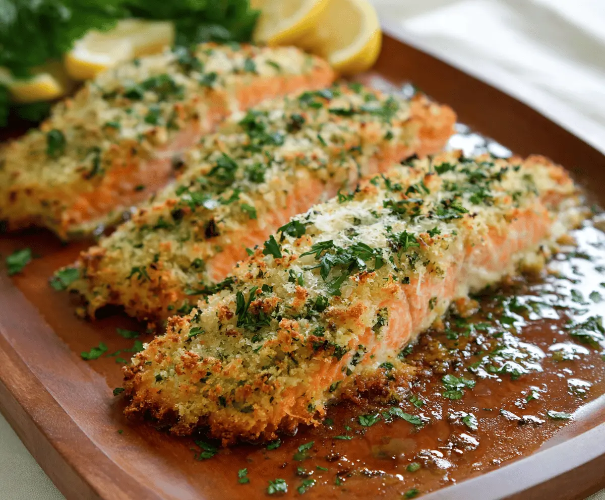 Delicious crusty salmon topped with flavorful Parmesan herb crust, served on a plate with fresh herbs for a gourmet seafood dish.