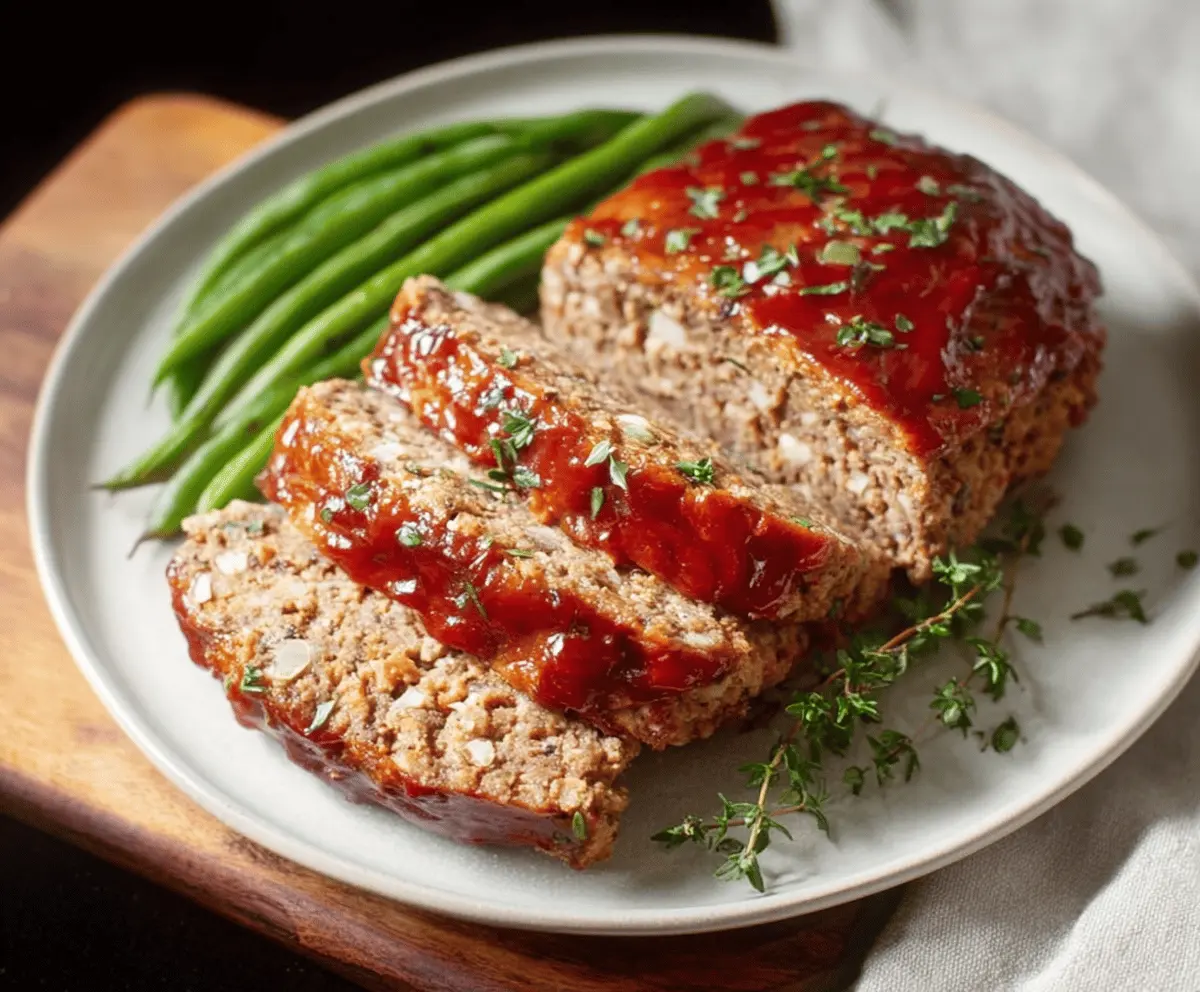 Delicious dairy-free meatloaf served on a plate with fresh herbs, perfect for a hearty and allergy-friendly meal.