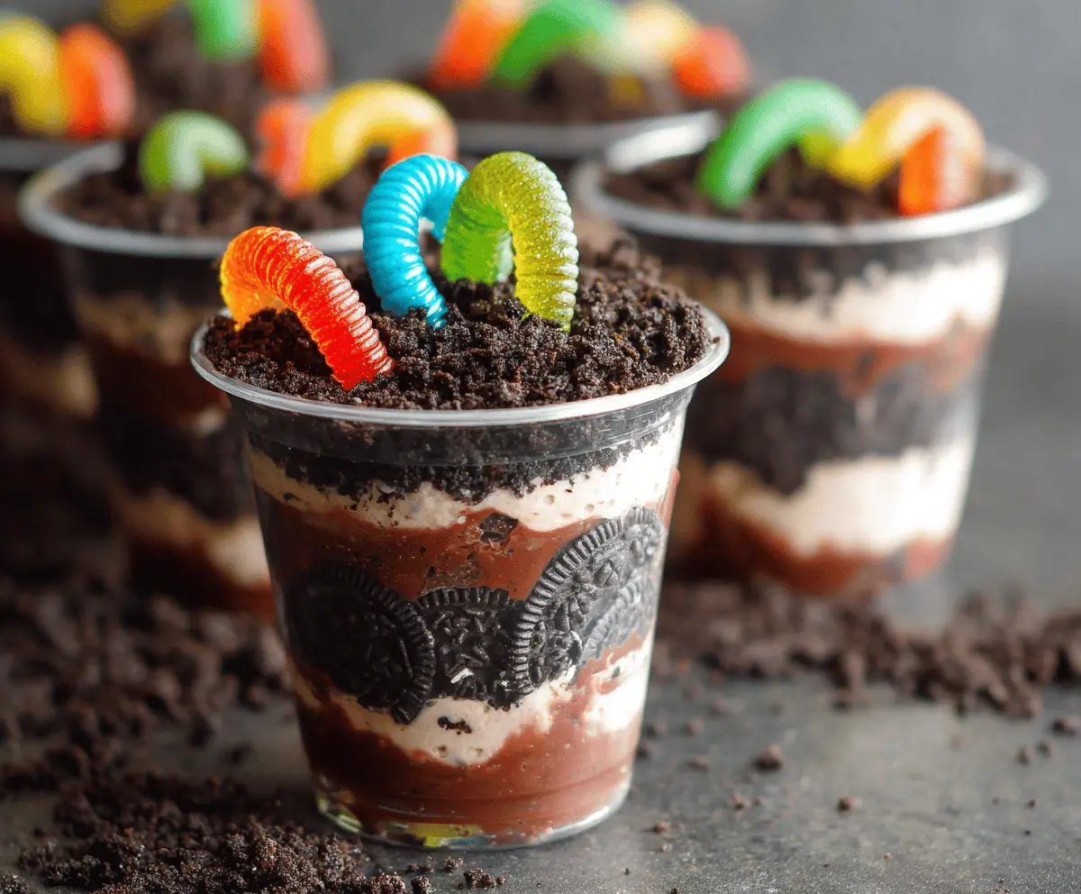 Delicious dirt cups dessert with chocolate pudding, crushed cookies, gummy worms, and edible dirt topping, perfect for kids' parties