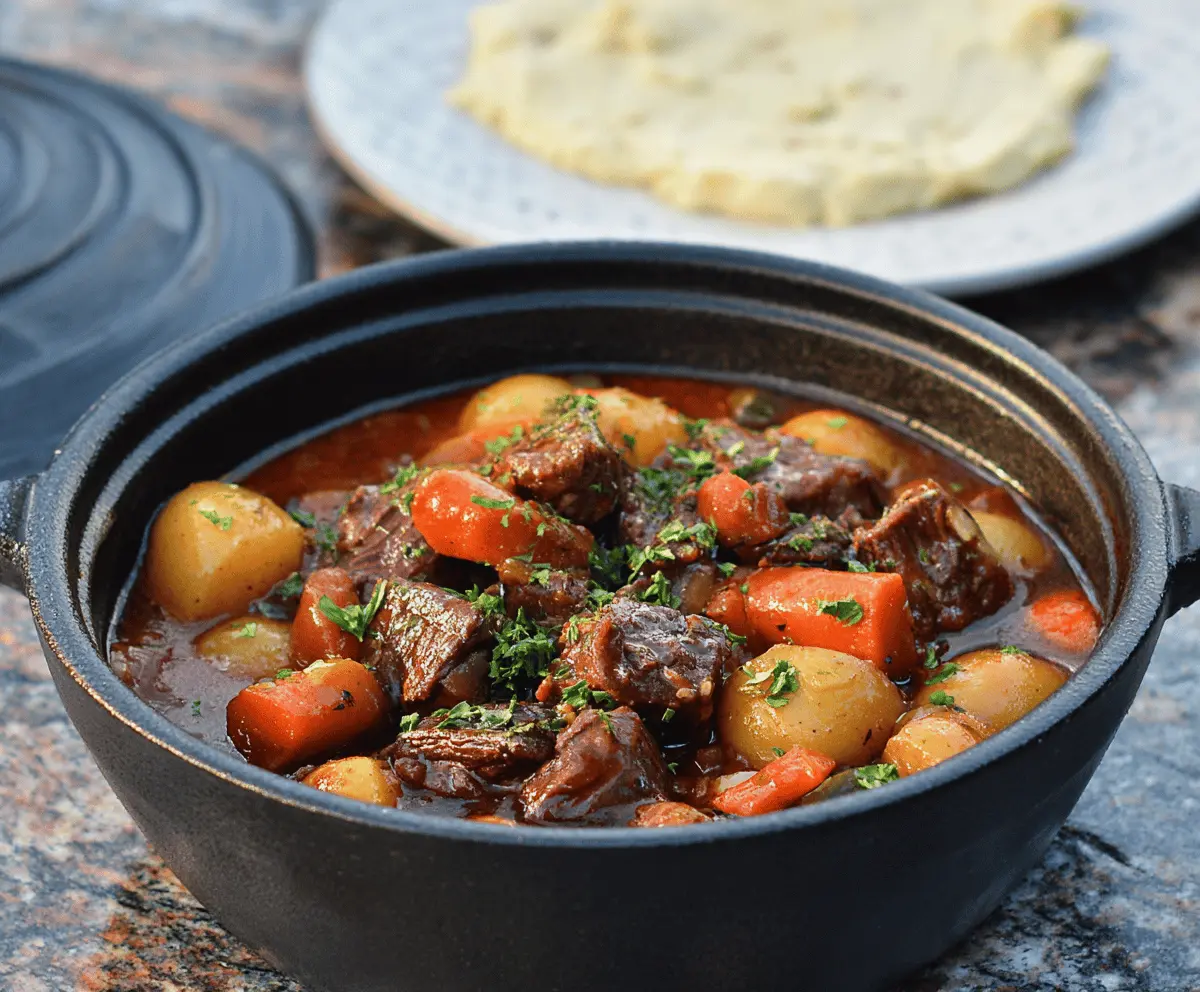 Hearty Dutch Oven Beef Stew with tender beef chunks, vegetables, and savory broth served in a rustic Dutch oven