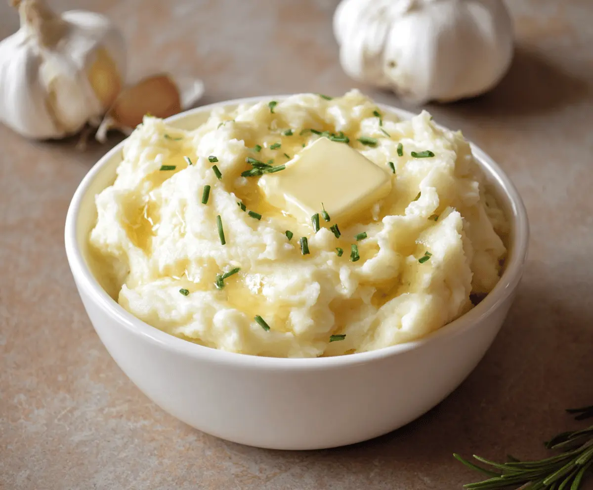 Creamy garlic mashed potatoes topped with fresh herbs, perfect for a comforting side dish.