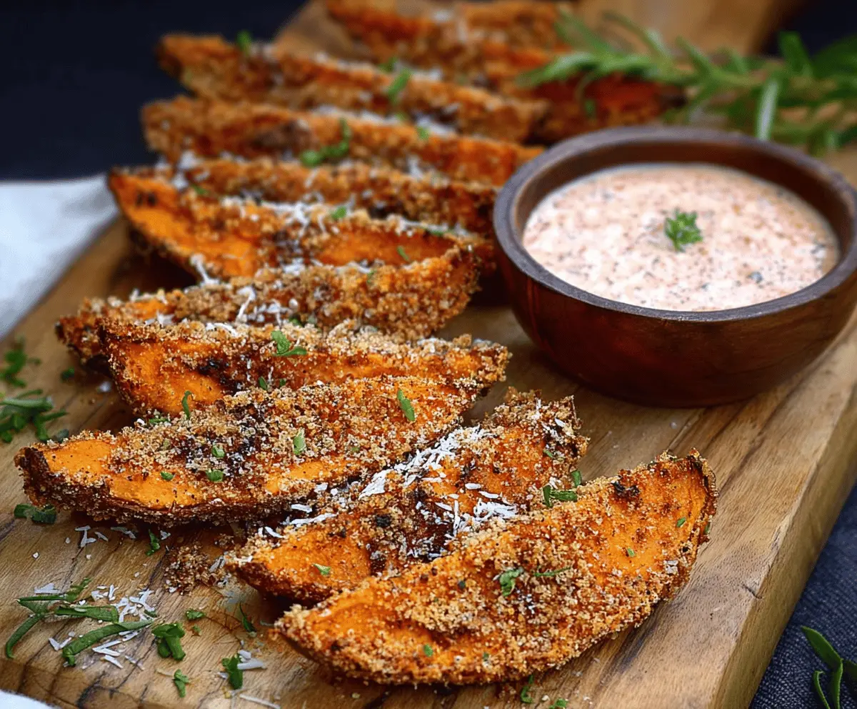 Crispy Garlic Parmesan Sweet Potato Wedges served on a plate with fresh herbs