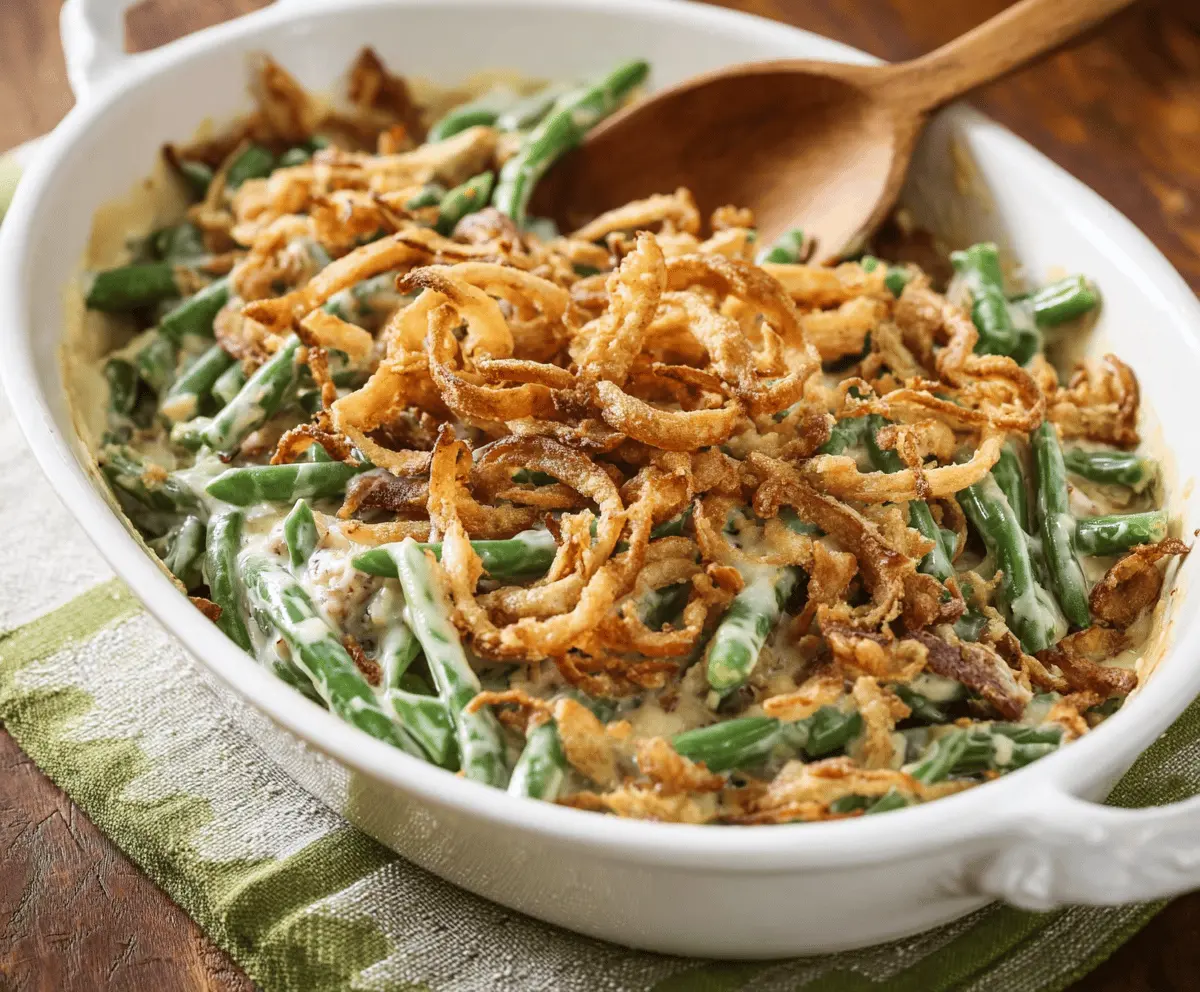 Delicious green bean casserole topped with crispy Fried onions, perfect for holiday dinners.