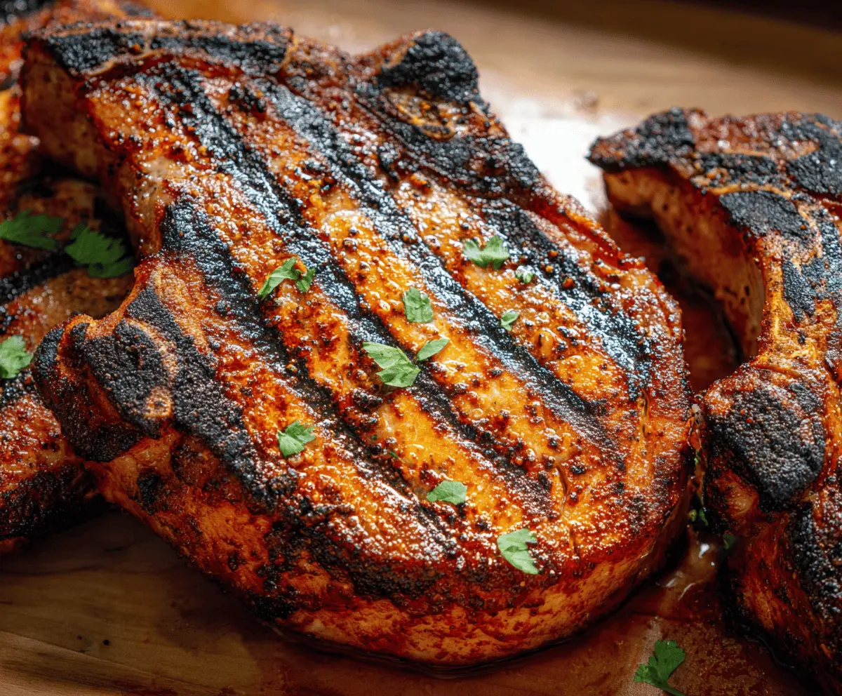 Juicy grilled pork chops with grill marks served on a plate, perfect for a savory summer meal.